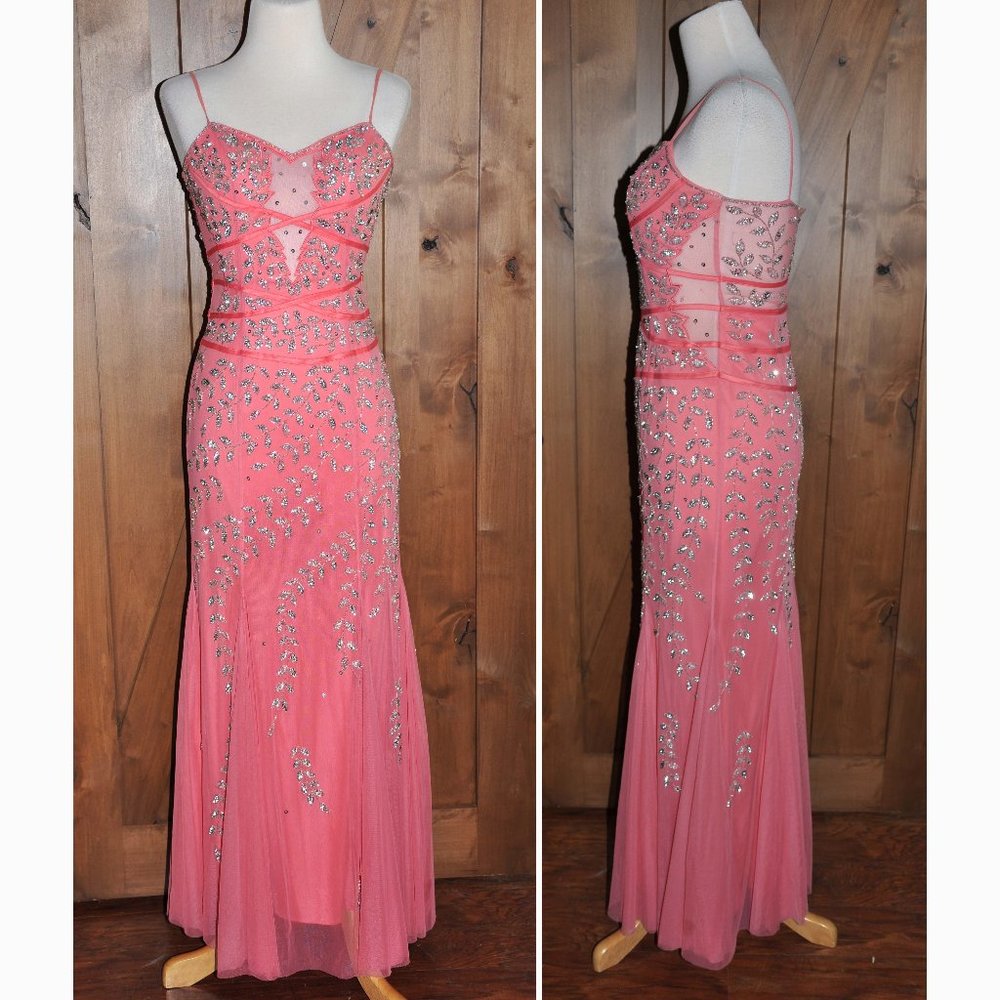 Vintage Sean Collection Peach Spaghetti Strap Beaded Formal Sexy Evening Gown